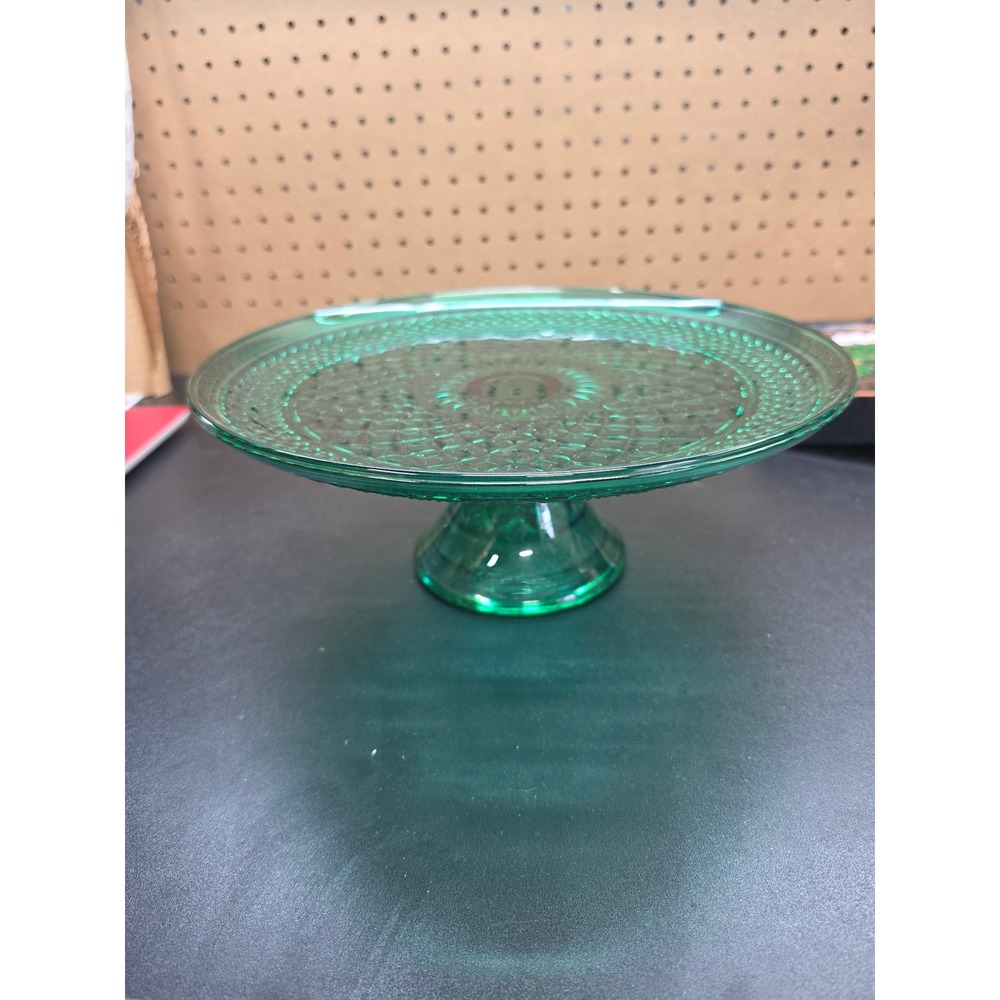 Vintage Anchor Hocking Wexford Green Glass Cake Stand Pedestal Server 12 Inch